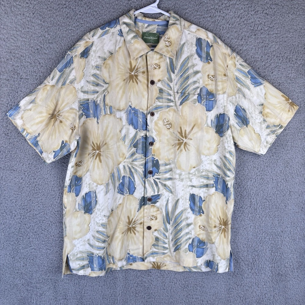 Tommy Bahama Hawaiian Shirt Mens Large Silk Linen Floral AOP Loop Collar Beach